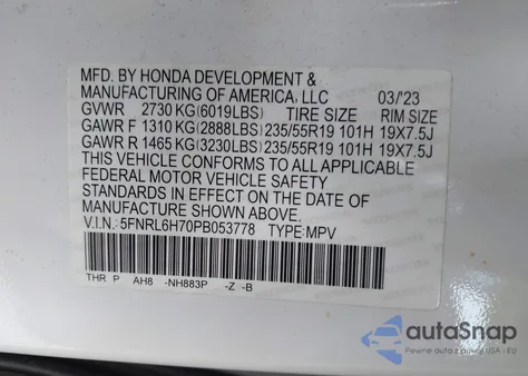 2023 Honda Odyssey Sport z USA, uszkodzony, nr VIN 5FNRL6H70PB053778